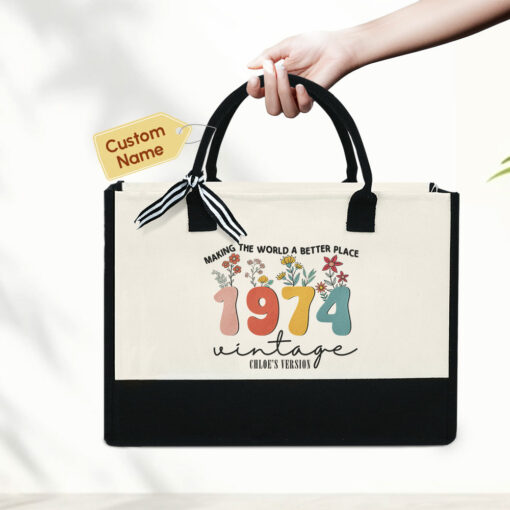 Gingerglowgifts Personalized 50th Birthday Gift, 1974 Vintage Floral Tote Bag TPT1788LTH