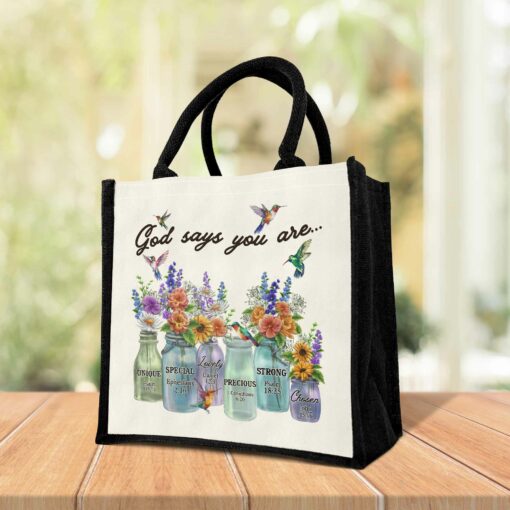 Gingerglowgifts God Says You Are, Bible Religious Gift Hummingbirds Tote Bag TPT1809PS