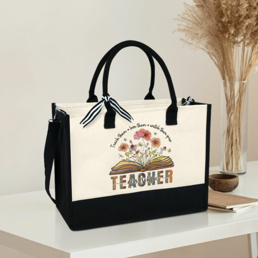 Gingerglowgifts Personalized Teach Them, Watch Them Grow, Floral Books Teacher Tote Bag TPT869LTHCT