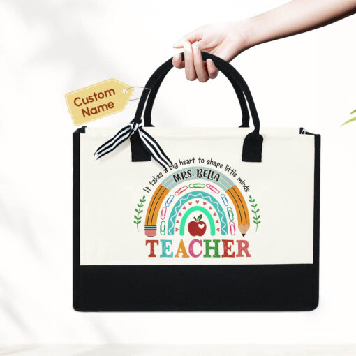 Gingerglowgifts Personalized Teacher Rainbow, It Takes A Big Heart To Shape Little Minds, Teacher Tote Bag TPT1659NTH