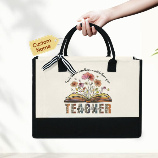 Gingerglowgifts Personalized Teach Them, Watch Them Grow, Floral Books Teacher Tote Bag TPT869LTHCT