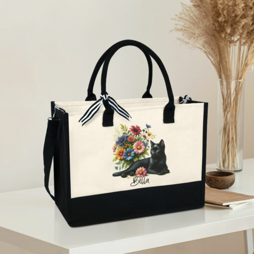 Gingerglowgifts Personalized Black Cat With Flowers Tote Bag TQN2227TNB