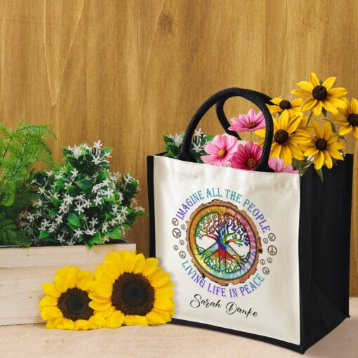 Gingerglowgifts Personalized Peace Sign Hippie Imagine All The People Living Life In Peace Tote Bag TPT1819NTH