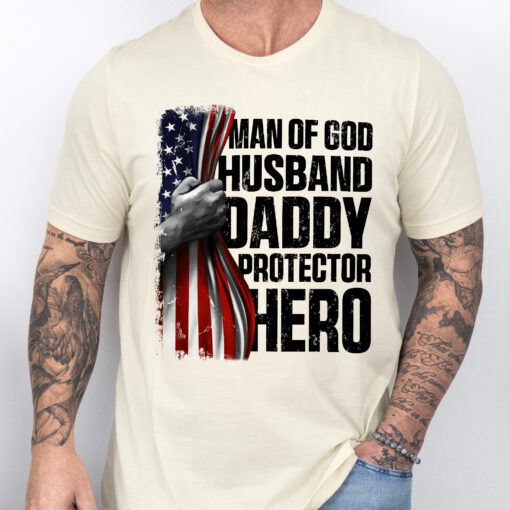 Gingerglowgifts Gifts For Dad, Father's Day Tee, Man of God Husband Daddy Protector Hero T-shirt HTT53HVN