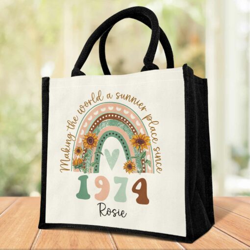 Gingerglowgifts Personalized Making The World a Sunnier Place Since 1974, Birthday Gift, Rainbow Floral Tote Bag HTT05DNV