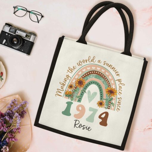 Gingerglowgifts Personalized Making The World a Sunnier Place Since 1974, Birthday Gift, Rainbow Floral Tote Bag HTT05DNV