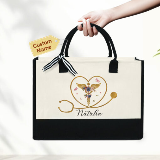 Gingerglowgifts Personalized Gifts For Nurse, Floral Medical Symbol Tote Bag VTM20LTH