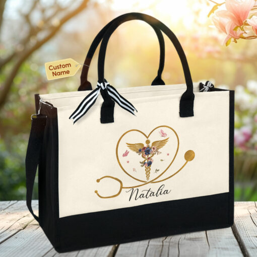 Gingerglowgifts Personalized Gifts For Nurse, Floral Medical Symbol Tote Bag VTM20LTH