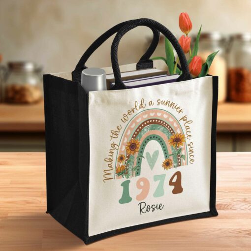 Gingerglowgifts Personalized Making The World a Sunnier Place Since 1974, Birthday Gift, Rainbow Floral Tote Bag HTT05DNV